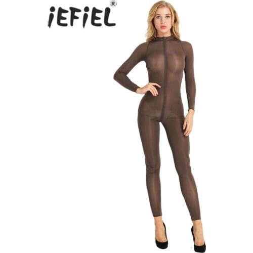 IEFiEL Sexy Women Lingerie Night Parties Clubwear Wetlook See-through Zipper Sheer Smooth Open Crotch Bodycon Bodysuit Jumpsuit