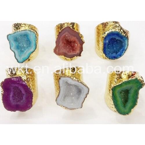 WT-R242 Charm Natural Geode stone rings Gold trim druzy geode stone rings for women randomly shape stone rings jewelry gift