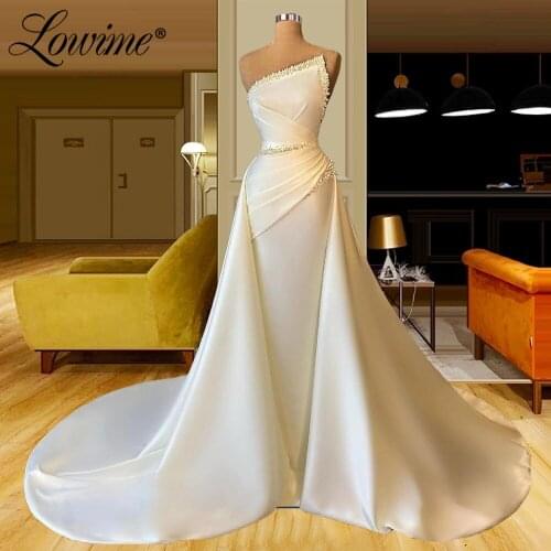 Lowime Elegant Ivory Long Evening Dresses 2021 Pearls Beading Party Gowns Plus Size Vestidos De Fiesta Custom Made Prom Dress