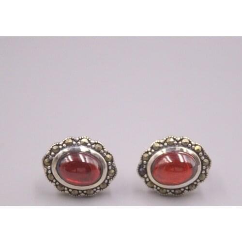 Real Silver 925 Earrings Stud For Women Female Girl Gold Korean Red Garnet Zircon National Style Round Zircon Stud Earrings