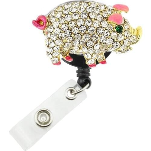 New Design Enamel Rhinestone Pig Shape Brooch Rhinestone Retractable Animal ID Badge Reel Holder