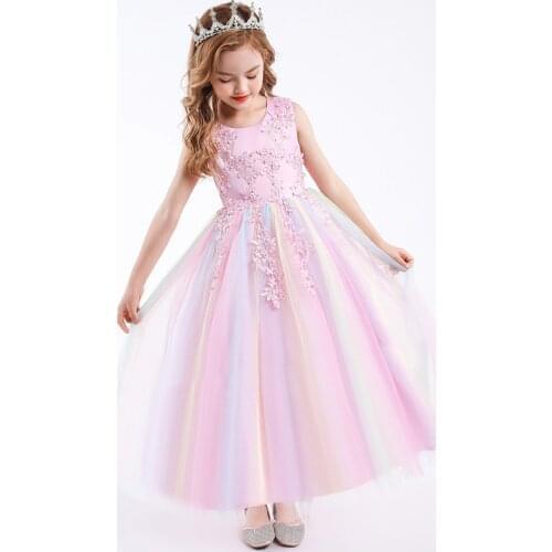 4-14 years old Rainbow color long lace gauze wedding dress for girls 2021 new child girl princess elegant wedding long dress