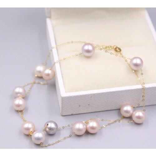 Real 18K Yellow Gold Necklace For Women Female 7.5-8mm Beads Natural Freach Water Pearl 18K Rolo Chain 45cm