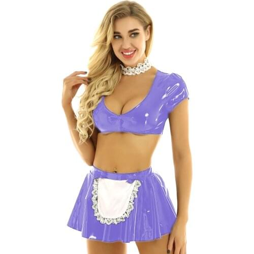 Maid Dress Role Play Costume Low Cut Maid lace Trim PVC Underwear Babydolls Lingerie Faux leather Stripper Outfits sexy costume