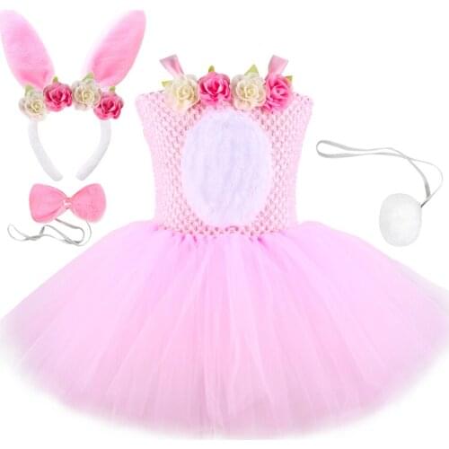 Girls Easter Bunny Dress Outfit Pink Flowers Toddler Baby Animal Rabbit Cosplay Costume Kids Halloween Birthday Party Tutu Dress