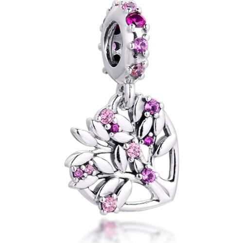 Fits Pandora Bracelet 925 Sterling Silver Pink Heart Family Tree Dangle Charms Metal Beads for Jewelry Making Bijoux Femme 2020