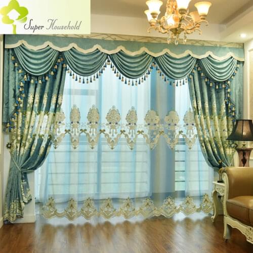 Embroidered Luxury European Style Curtains for Living Room Green Blackout Curtain Fabric and Valance Sheer Curtains for Bedroom