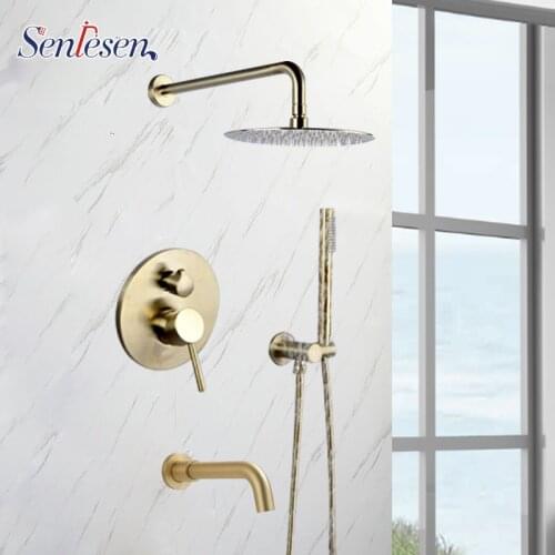 Senlesen Brushed Gold Rainfall Shower Set 10 inch Shower Head Antique Shower Full Copper in-wall Sprinkler
