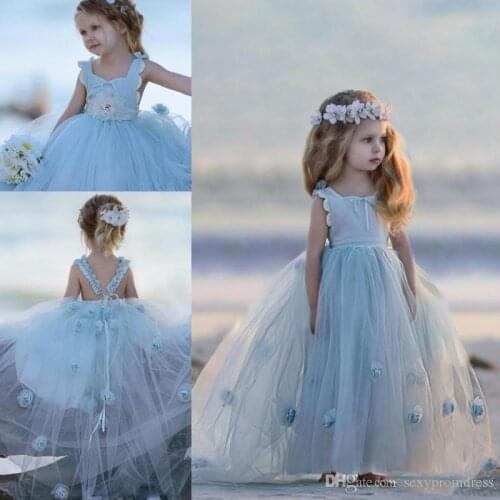 Light Blue Square Neckline Baby Girls Pageant Dresses Handmade Flowers Tulle Ball Gown Flower Girl Dresses Children Communion Go