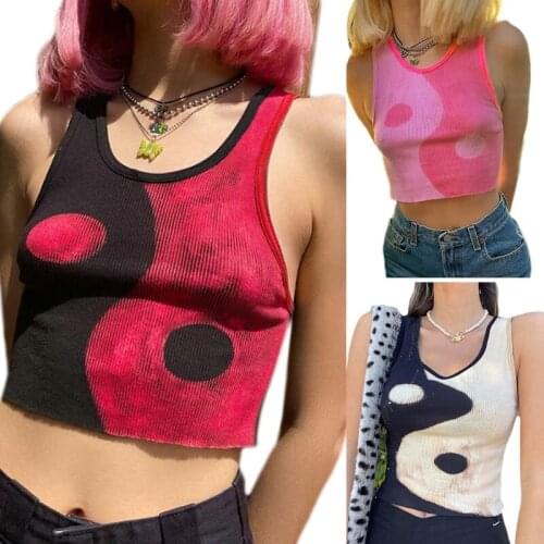 Women Summer Sleeveless Ribbed Top Harajuku Contrast Color Eight-Diagram Printed Slim Vest Scoop Neck Casual Shirts