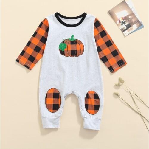 Spring Fall Baby Halloween Pumpkin Patchwork Romper Boys Plaid Print Long Sleeve Round-neck Casual Jumpsuit