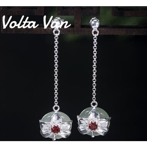 Volta Van 925 Sterling Silver Drop Earrings Natural Jade Pendientes Plata Vintage Elegant Phalaenopsis 2021 New Concise Earrings