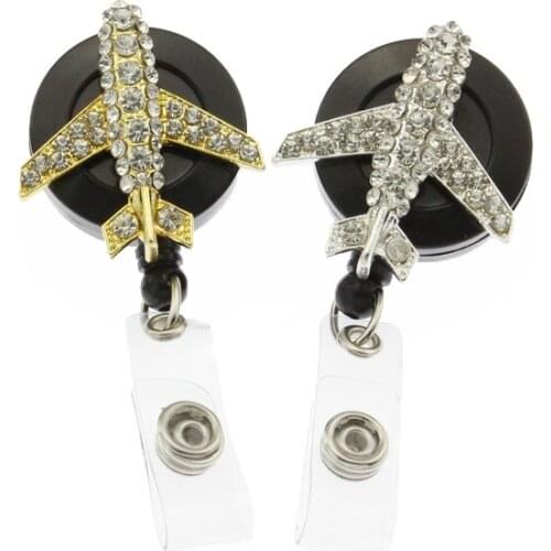 30pcs/lot Airplane Rhinestone Badge Reels Nurse Retractable ID Name Badge Reel Holder