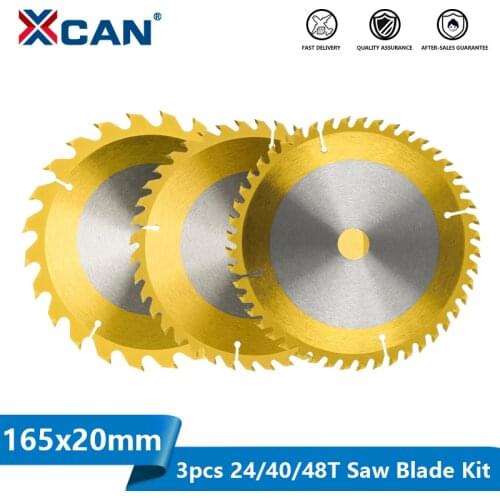 XCAN Wood Cutting Dics 3pcs 165x20mmm 24T,40T,48T TCT Saw Disc Kit Titanium Coated Circular Saw Blade