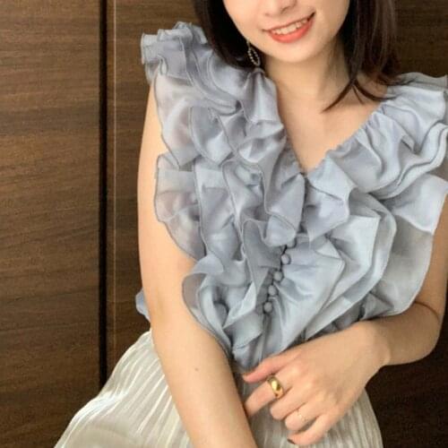 Sweet Cascading Ruffle Solid Chiffon Blouse V-neck Backless Lace-up Slim Woman Tops 2021 Summer Chic Blusas Mujer De Moda