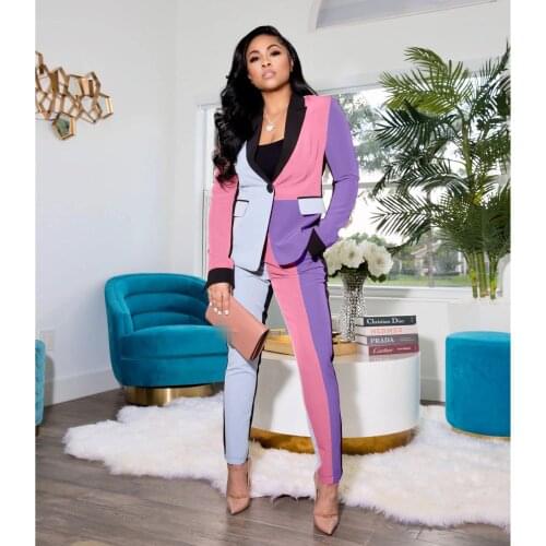Color Block Formal Business Suit for Women Notched Collar Long Sleeve Blazer and Pencil Pant Elegant Two Piece Workwear Outfit