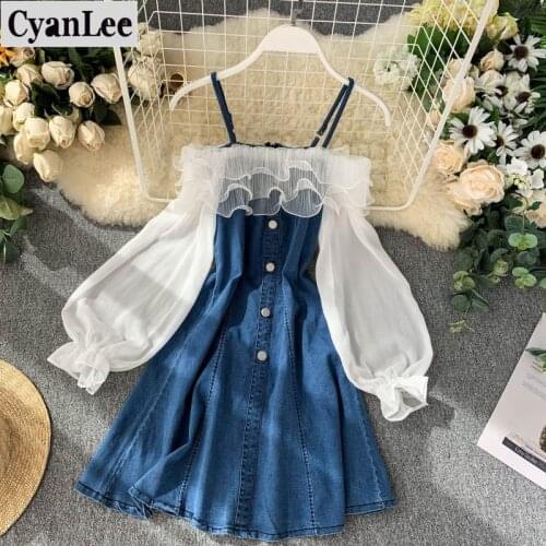 Women off shoulder dress for women denim and mesh patchwork short ruffles dresses robe ete femme 2020 sukienki damskie jurk