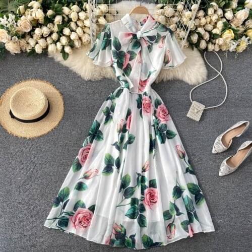 Women dress 2021 summer floral print chiffon long dress Elegant bow Ruffled sleeve party dresses women evening elegant