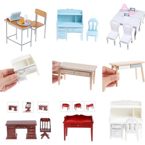 1 Set 1/12 Wooden Desk Writing Study Desk Computer Chair School Desk Furniture Model Toy Dollhouse Decor