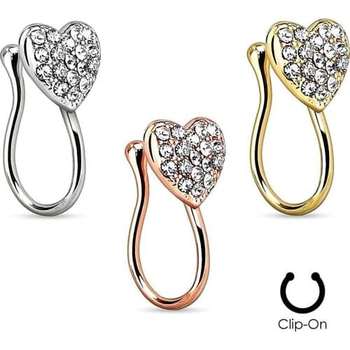 1pc Heart Nose Clip On Thin Fake Rhinestone Crystal Stainless Steel Stud Ring