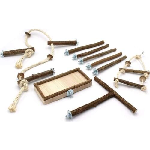 2021 New 10Pcs Natural Wooden Bird Swing Toys Parrot Chewing Stand Rod Platform Hanging Ladder Bracket Cage Decoration for Love