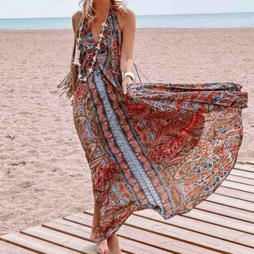 2021 Summer Boho Halter Tie-up Backless Long Dress Women Retro Floral Print Maxi Party Dress Spring Sleeveless Loose Beach Dress