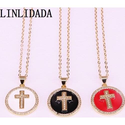 8Pcs Trendy Gold Color Charm Cubic Zirconia Cross With Enamel Charm Round Pendant Necklace