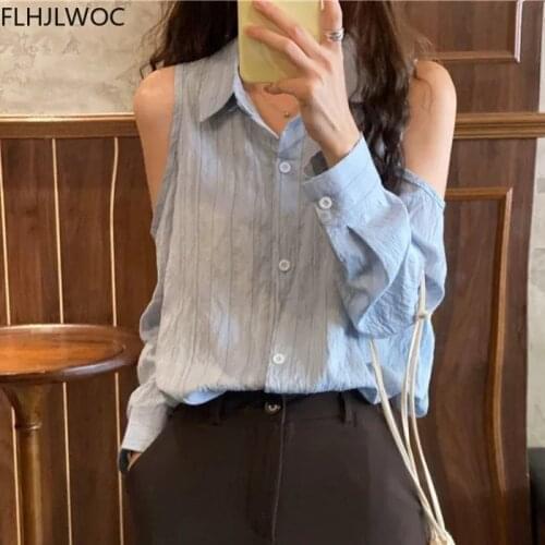 Off Shoulder Tops Chic Korea Clothes Women Fashion Office Lady Basic Wear Single Breasted Button Boyfriend White Shirts