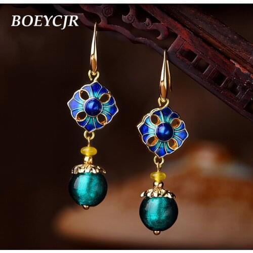 BOEYCJR Ethnic Enamel Glass Bead Drop Earrings Handmade Vintage Jewelry Hook Earrings Dangle Earrings for Women Gift