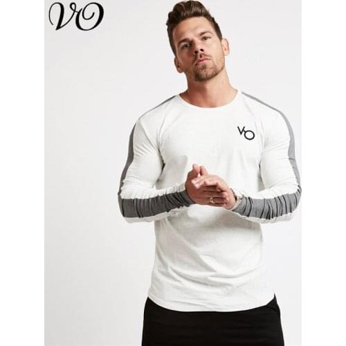 Autumn new gyms cotton stitching long-sleeved T-shirt jogger fashion streetwear casual mens clothing fitness sportswear