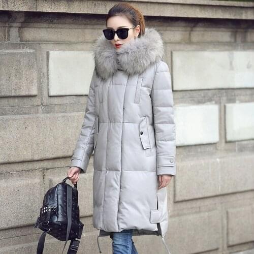 Genuine leather jacket women winter down coat big raccoon fur collar hooded long sheepskin coats mf1801 kj3463