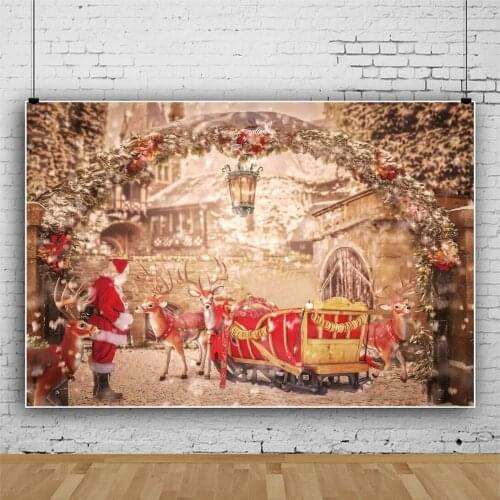 Laeacco Christmas Photo Backdrops Santa Claus Elk Carriage Vintage Lantern Arch Door Small Town Baby Photocall Poster Background