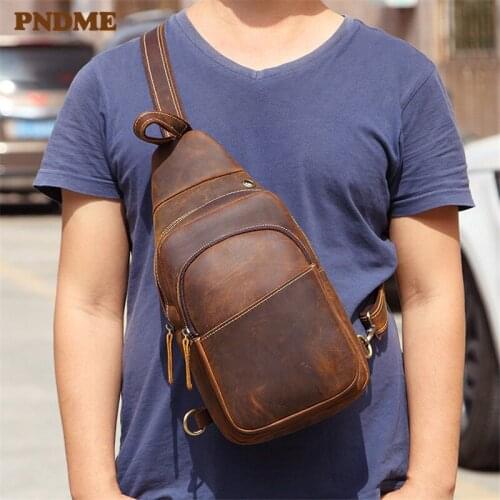 PNDME crazy horse cowhide mens chest bag high quality genuine leather vintage outdoor waterproof daily sport USB messenger bags