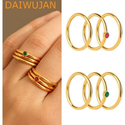 DAIWUJAN Minimalist 925 Sterling Silver Ring Sets Gold Color Glossy Single Zircon Finger Ring For Women Birthday Party Jewelry