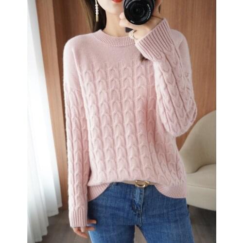 2021 autumn/winter new 100% wool sweater women thick casual solid color round neck cashmere sweater plus size ladies loose top