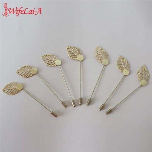 10piece/lot Gold With Leaf Long Brooch Pin DIY Boutonnieres Lapel Suit Accessories Making Brooches Base/Tray X085