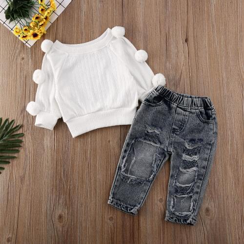 1-5Y Toddler Kids Baby Girls Winter Clothes Sets Balls Sweater Pullover Top Ripped Denim Pants Outfits