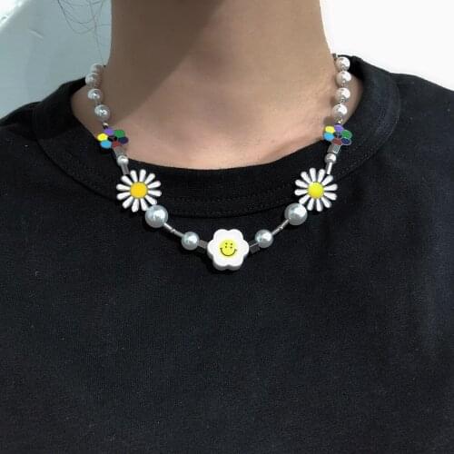 Smile happy face sunflower daisy pearl necklace for men women stainless steel korean style y2k jewelry cool egirl eboy