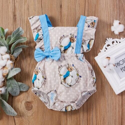 Easter Lovely Newborn Baby Girls Romper Infant Outfit Creative Bunny Printing Ruffles Fly Sleeve Casual Bow Children Jumpsuit