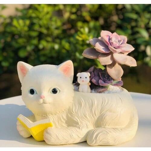 Pastoral Cute Cat Succulent Flower Pot Resin Ornaments Outdoor Garden Lawn Figurines Decoration Park Balcony Accessories Crafts