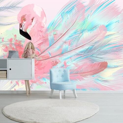 Custom 3D Cartoon Pink Flamingo Feather Photo Wall Murals Wallpaper For Kids Room Bedroom Living Room Decor Papier Peint Mural