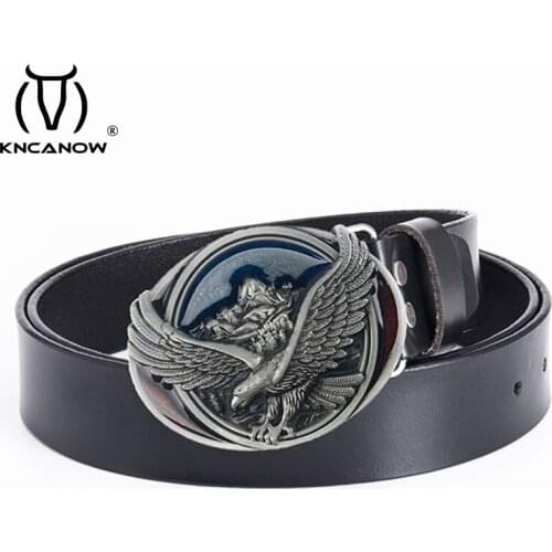 Genuine Famous Luxury Brand Designer Western Eagle Denim Personality Fashionable Leather Belt Waist Men Punk Carving Craft Strap