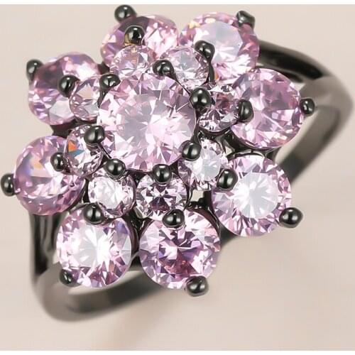 Luxury Female Pink Crystal Stone Ring Charm 14KT Black Gold Wedding Rings For Women Dainty Bride Flower Zircon Engagement Ring