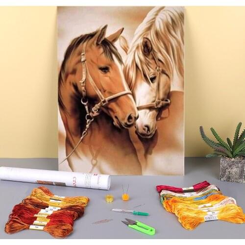 Horse Animal Printed Fabric 11CT Cross Stitch DIY Embroidery Set DMC Threads Painting Knitting Needlework Handmade Decor