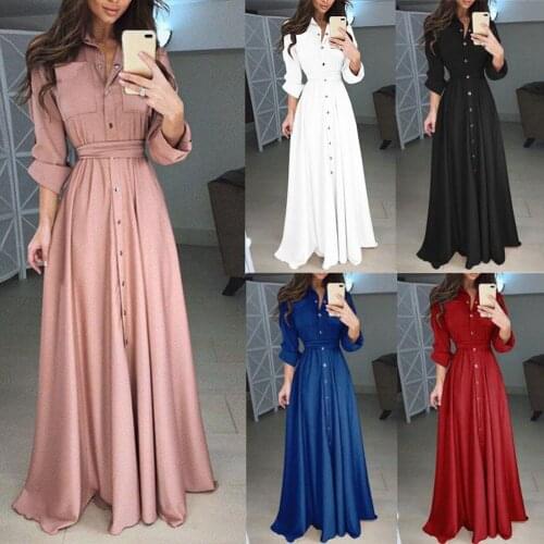 Sexy Women Single-Breasted Button Long Sleeve Dance Party Maxi Dress 2019
