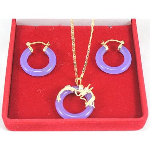 New 25mm Purple Quartzite stone dragon pendant hood earring Jewelry set jade crystal