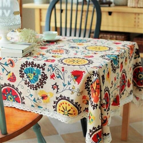 Retro Sunflower Pattern Lace Cotton Linen Fabric Tablecloth Table Cover Decor tablecloth features ethnic style sunflower design
