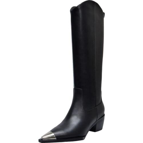 SKLFGXZY New style Knee-length rider boots Genuine leather Female boots Womens boots The metal head cowhide Womens shoes