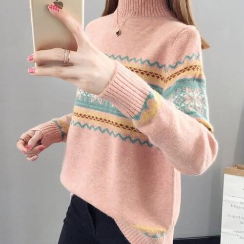 Autumn Winter Sweater Womens Semi Turtleneck Loose Korean Version Jumper Women Jacquard Splicing Knitting Pullover Female