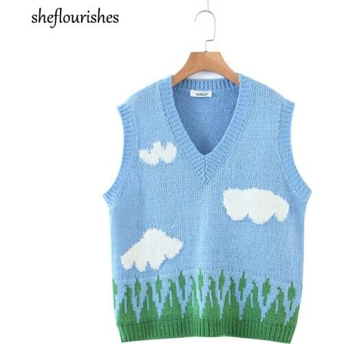 Fall sweater women v neck tops vintage knitted pullover kawaii cloud sweater sleeveless casual pullover streetwear sweater blue